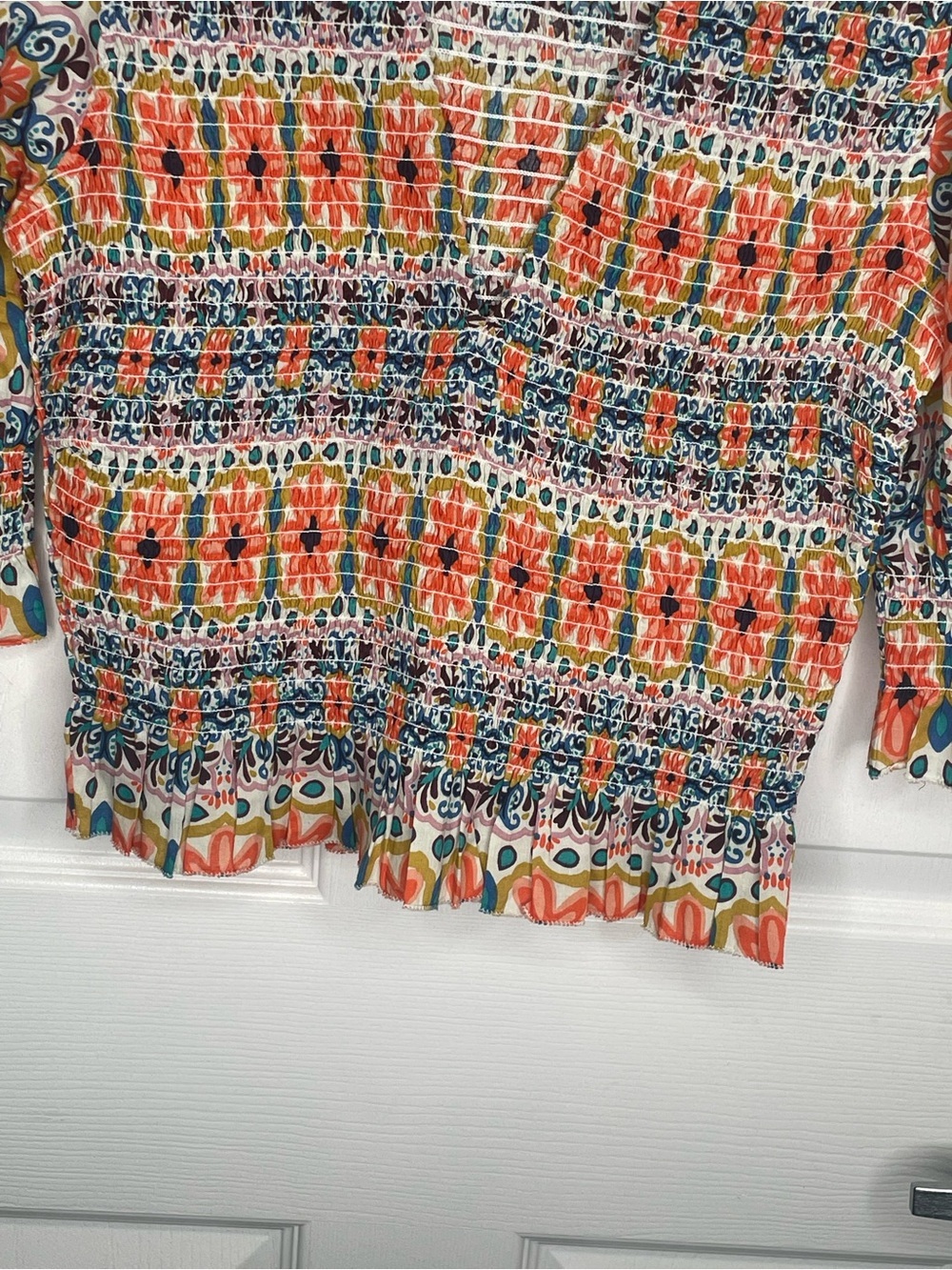Boden Smocked Bodice Crop Top Multi Tapestry Stripe Ruffle Floral Vacation US 6 - Picture 8 of 15